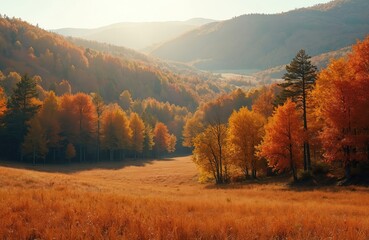 Autumnal forest landscape, woods trees with colorful foliage. Orange, yellow, red leaves trees in fall season. Sunny weather, natural beauty scene, forest nature. Peaceful fall vibe.