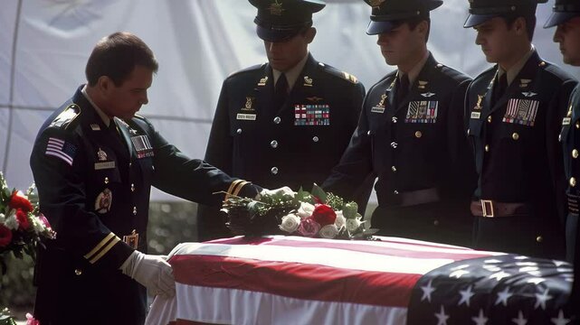 Soldiers honoring fallen hero during military funeral ceremony with flags and flowers in a solemn setting