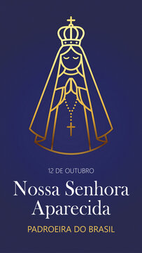 Nossa Senhora Aparecida, padroeira do Brasil, 12 de Outubro, ilustra&ccedil;&atilde;o dourada, poster vertical