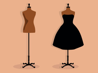 Vector illustration of a fashion atelier with two mannequins, one nude and one wearing a black evening dress. Elegant and minimalist style, perfect for fashion, couture, and design themes.
