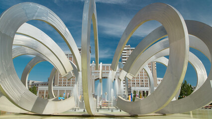 Fountain Horseshoe and Wheel in Square of love timelapse hyperlapse. Astana, Kazakhstan