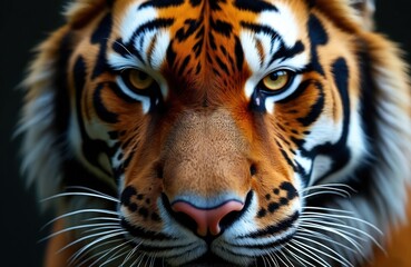 Naklejka premium Close-up Siberian tiger portrait. Majestic cat face with fierce gaze, showing sharp teeth. Orange fur with black stripes. Powerful predator, wild animal. Focus on eye, macro shot.