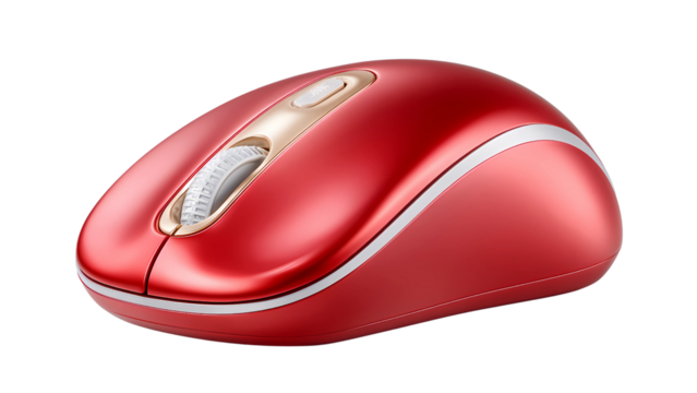 Red wireless computer mouse with scroll wheel isolated on transparent background