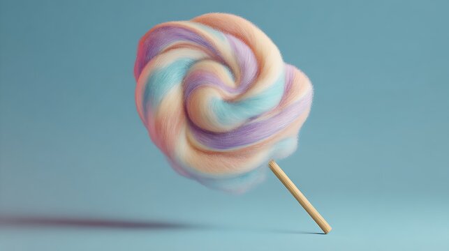 Vibrant photo of vibrant photo of pastel swirl cotton candy on a wooden stick 3D render.