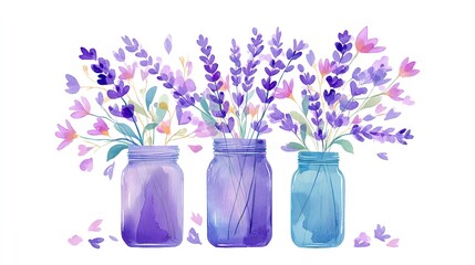 Three lavender bouquets in mason jars evokes serenity and rustic charm a calming and fresh ambiance painted in