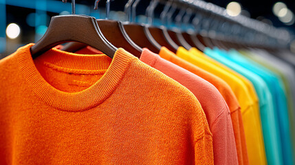 Colorful collection of clothing hanging on display with vibrant hues reflecting the latest fashion trends in a modern retail environment during daytime hours
