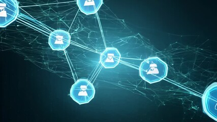 Animated social media network visualization showing connected user profile icons with lines and nodes creating digital communication technology concept - Powered by Adobe