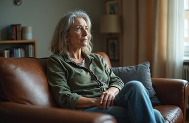 Obraz premium Middle-aged woman sits on sofa lost in thought. Emotional distress, sadness, grief, divorce, middle age crisis, loneliness, anxiety. Mental health, psychological trauma, solitude, isolation concept.