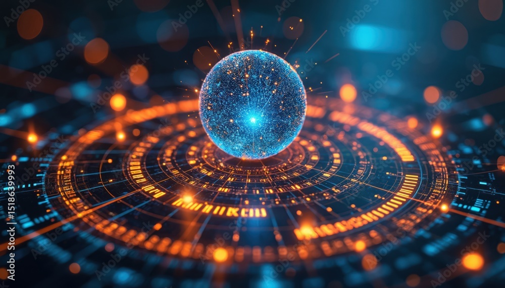 Poster conceptual tech photo globe of interconnected quantum particles. digital design illustrates quantum 
