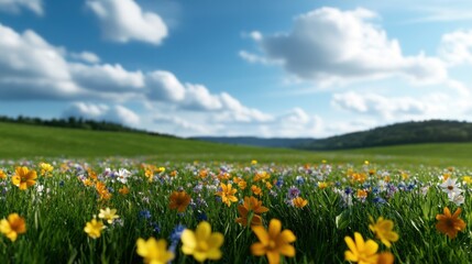 Fototapeta premium A picturesque meadow filled with an array of colorful wildflowers stretches out under a clear blue sky. The landscape features lush green grass and distant hills, creating a serene atmosphere.