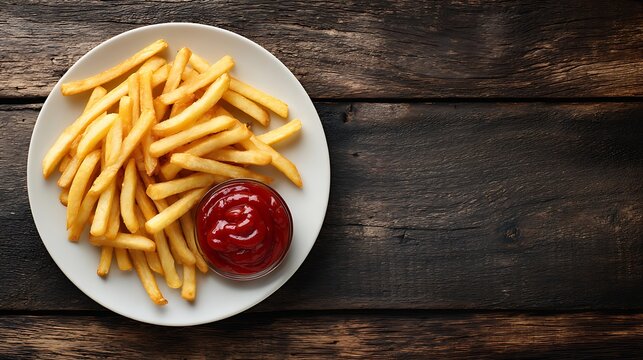 Vibrant photo of vibrant photo of vibrant photo of top down view of homemade American French fries with ketchup on a plate with ample copy space image. - Powered by Adobe