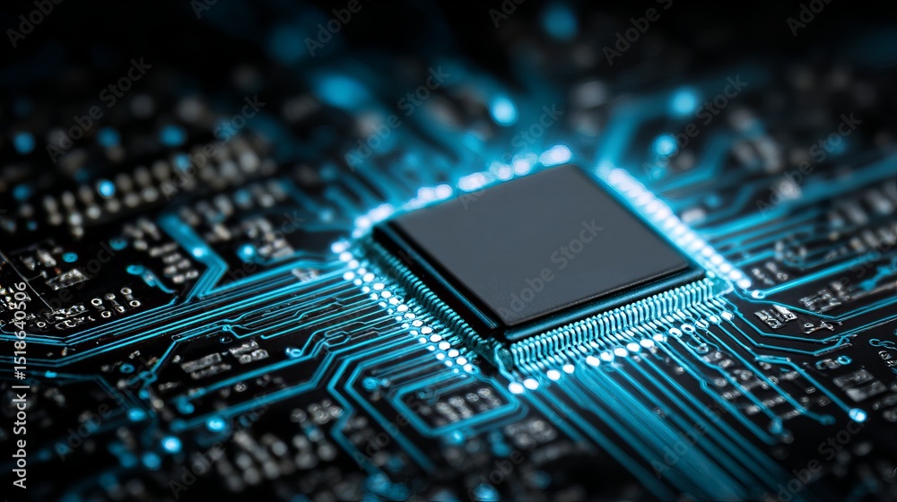 Fototapete Closeup HighTech Circuit Board Microchip Technology Digital Electronic Hardware Modern Innovation Blue Glowing Lines Detailed Professional Computer Engineering Background