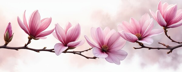 Fototapeta premium Horizontal border with hand painted watercolor magnolias. Pink flowers on branches, buds, leaves against soft blurred background. Floral design element for invitations greeting cards or wedding decor.
