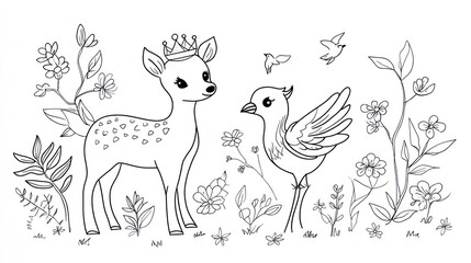 Fawn with crown and bird look at each other in a flowering garden