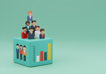Business growth team success concept with people figures and bar chart on aqua background illustration
