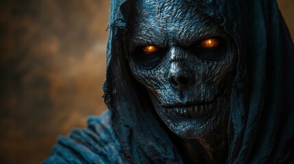 A haunting skeletal figure draped in a dark cloak, with glowing orange eyes, exuding a mysterious and eerie atmosphere.