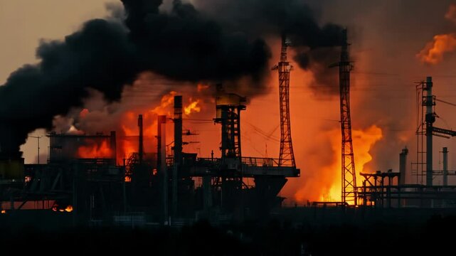 Massive industrial complex engulfed in dramatic explosion with towering orange flames and thick black smoke billowing across facility creating catastrophic emergency scene with intense fire