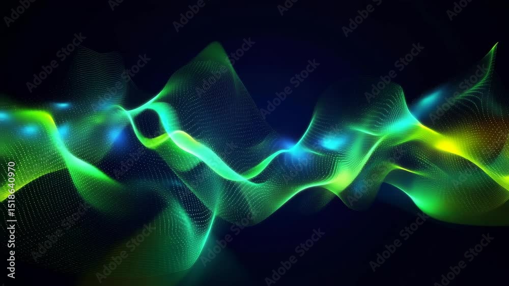 Poster Abstract quantum computing video visualization, glowing particles forming intricate wave patterns, deep blue and electric green color palette, futuristic energy flow
