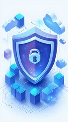 A digital shield symbolizing cybersecurity with lock and cloud elements, representing data protection in a modern technological landscape.