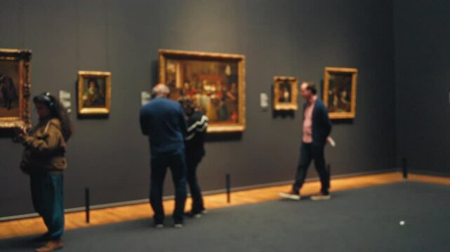 People observing artwork in museum with blurred background showcasing paintings indoors with defocused lighting capturing the essence of art appreciation and cultural exploration.