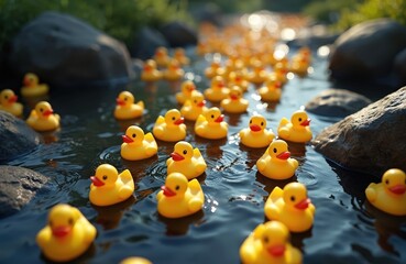 Yellow rubber ducks swim water river stream. Many ducks race, compete, toy event for summer festival. Cute ducks float downstream. Ducks race, win reward.