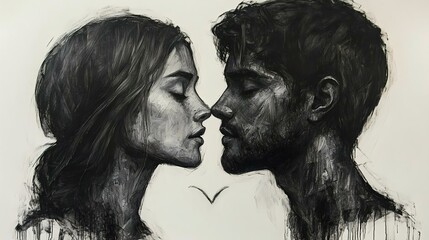 A stunning monochromatic portrait of an embracing couple, showcasing intimacy and connection through expressive artistry and detailed line work.