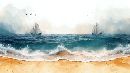 A serene ocean view featuring two sailboats amidst gentle waves and a sandy beach, evoking tranquility and adventure.