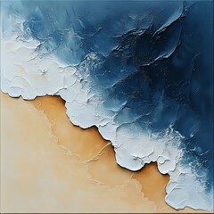 A stunning abstract ocean wave painting featuring deep blue and white textures, with sandy beach tones, evoking tranquility and serenity.