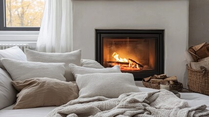 Cozy room with a fireplace and soft textiles.
