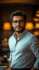 Fototapeta premium Confident man in a stylish shirt smiling in a cozy, well-lit environment, embodying professionalism and approachability.