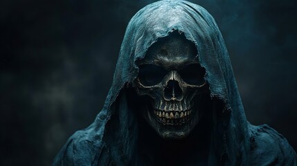 Mysterious skull figure cloaked in dark fabric, evoking a sense of mystique and the supernatural, perfect for horror themes.