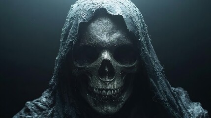 A chilling skull figure draped in tattered black fabric, evoking themes of death and the macabre in a dark ambiance.