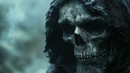 A haunting close-up of a skull shrouded in dark clothing, evoking themes of death, mystery, and the macabre.