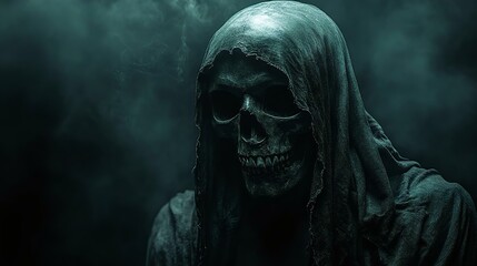 An eerie hooded figure with a skull mask, shrouded in smoke, evokes a haunting atmosphere perfect for Halloween or horror-themed designs.