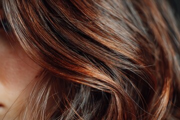 Fototapeta premium Ultra-detailed close-up of rich brunette hair with natural texture, soft shadows, clean background, high-resolution minimalism, and realistic lighting.