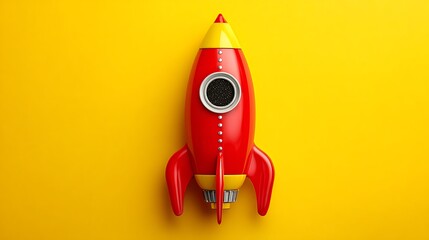 Vibrant photo of red Rocket Toy on Yellow Background with Copy Space.