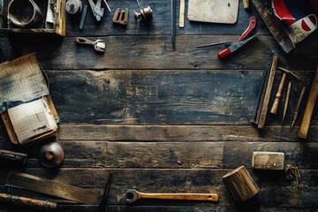 Vintage tools & workshop essentials: dark wood background flat lay - antique craftsman's workspace, old instruments, and measuring devices