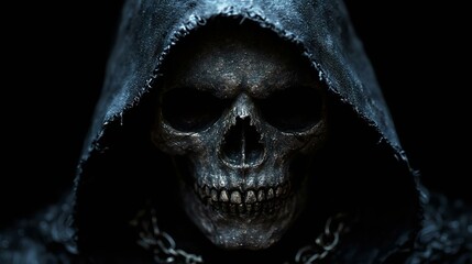 A haunting close-up of a skull in a dark hood, embodying themes of mortality and mystery, perfect for Halloween and gothic art.
