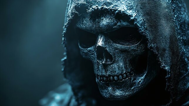 A chilling close-up of a menacing skeleton in a dark hooded cloak, evoking mystery and fear. Perfect for Halloween or horror themes.