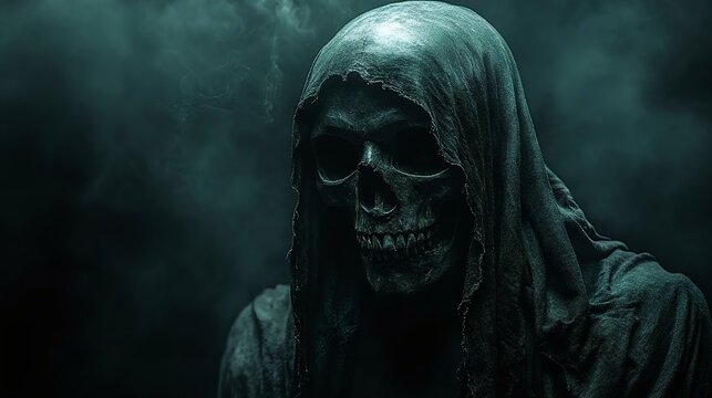 An eerie hooded figure with a skull mask, shrouded in smoke, evokes a haunting atmosphere perfect for Halloween or horror-themed designs.