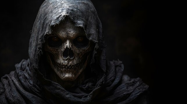 A haunting, lifelike skull figure draped in a dark, tattered cloak, set against a shadowy background, evoking themes of death and mystery.
