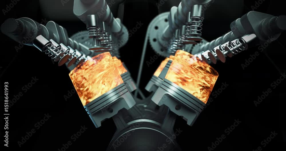 Poster working v8 engine animation highlighting pistons and crankshaft motion. industry and technology rela