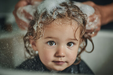 Three-year-old child with wet hair in salon sink, adult hands washing with foamy shampoo, calm expression, soft light, clean cozy setting, high realism. 
