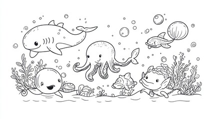 Fototapeta premium Cute cartoon underwater animals coloring page