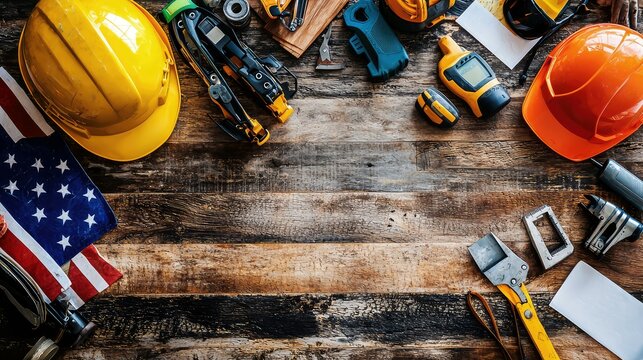 Labor day construction tools & american flag on rustic wood: celebrating american workers