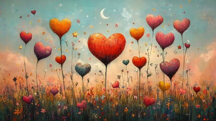 Obraz premium A vibrant landscape depicting heart-shaped flowers amidst colorful wildflowers, the sky adorned with stars and a crescent moon, evoking love and joy.