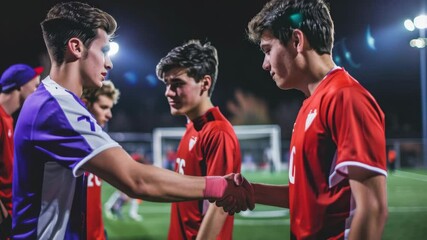 Intense night soccer match showcasing teams shaking hands after a competitive game under bright stadium lights - Powered by Adobe