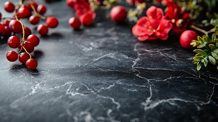 A beautiful flat lay of red berries and flowers on a dark marble background, creating an elegant and vibrant natural decor design.