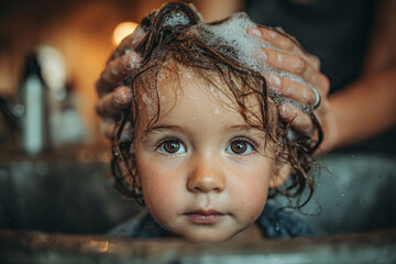 Close portrait of a toddler during bath, wet hair covered in white foam, adult hands gently washing head, soft natural light, peaceful mood, high realism.