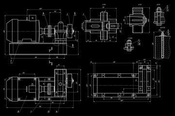 Assembly drawing of electrical reducer.
Design of steel mechanical device with shaft, worm gear, electric engine, bolt connection, dimension lines. Engineering technic cad scheme with cross section.